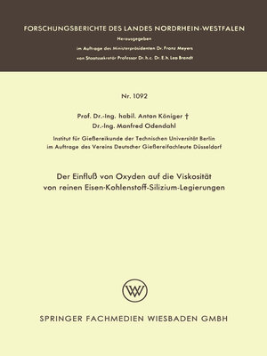 cover image of Der Einfluß von Oxyden auf die Viskosität von reinen Eisen-Kohlenstoff-Silizium-Legierungen